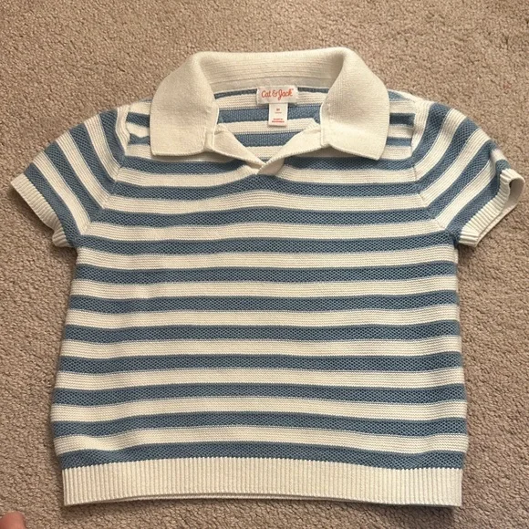 Cat & Jack Kid’s Short Sleeve Knit Polo Shirt in Blue and White Stripes - Picture 2 of 3